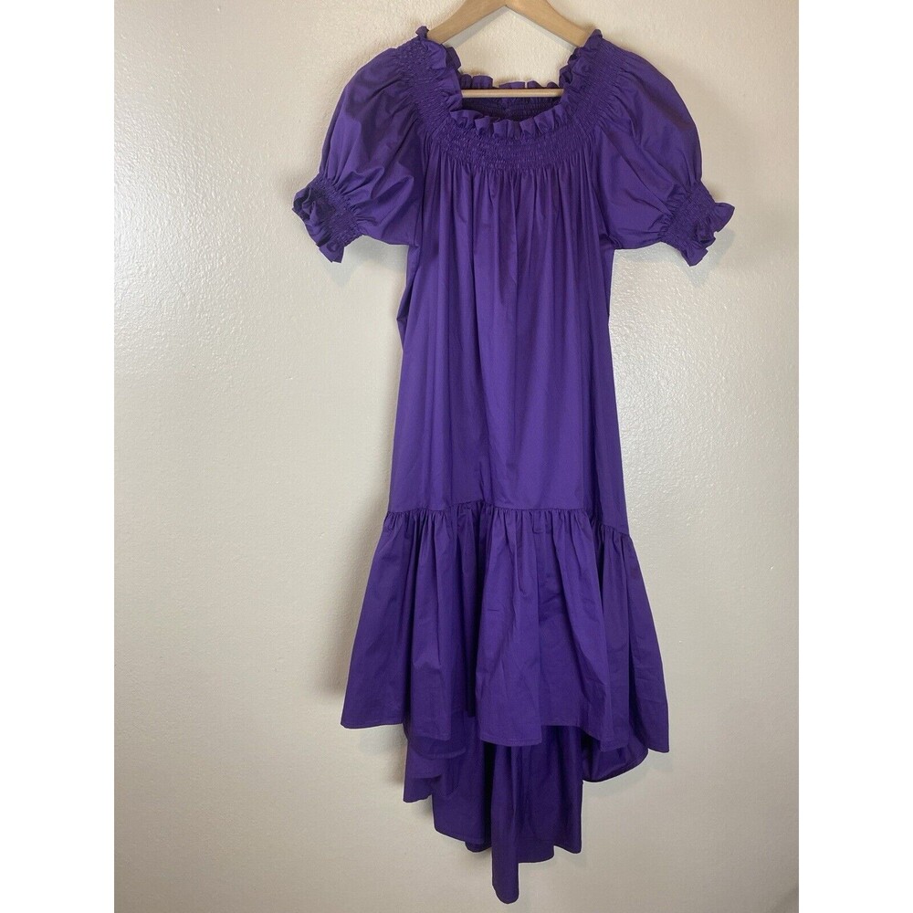 Monica Nera L Purple Ruffle Shift Lori Dress Hi Low Puff Sleeve Smocked Mini Vio